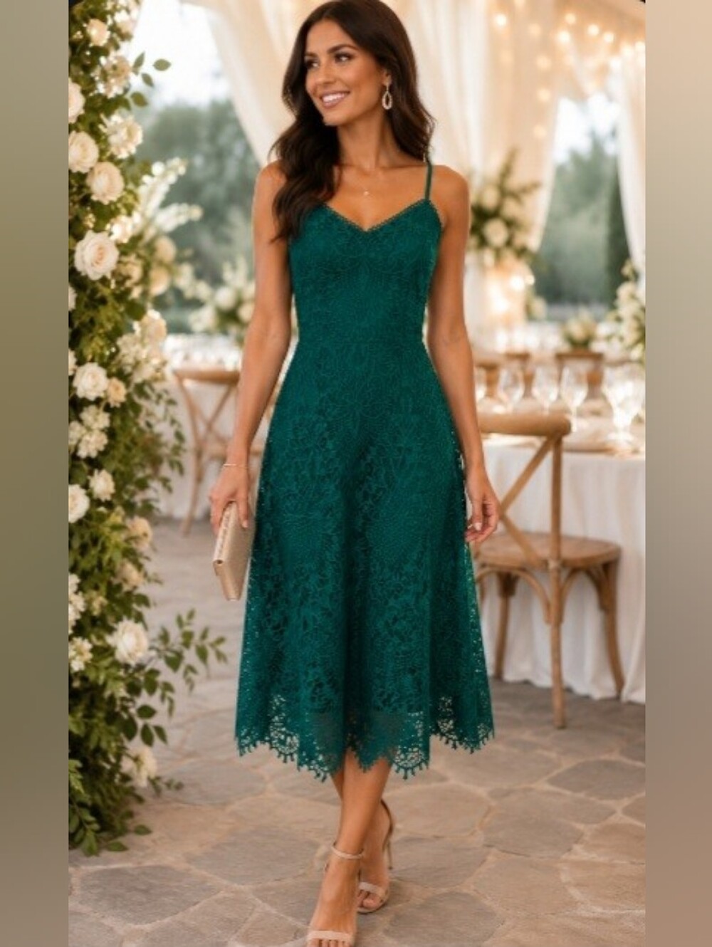 Guess Emerald Green Lace Midi Dress NWT Size 6 Wedding Guest Cocktail Party